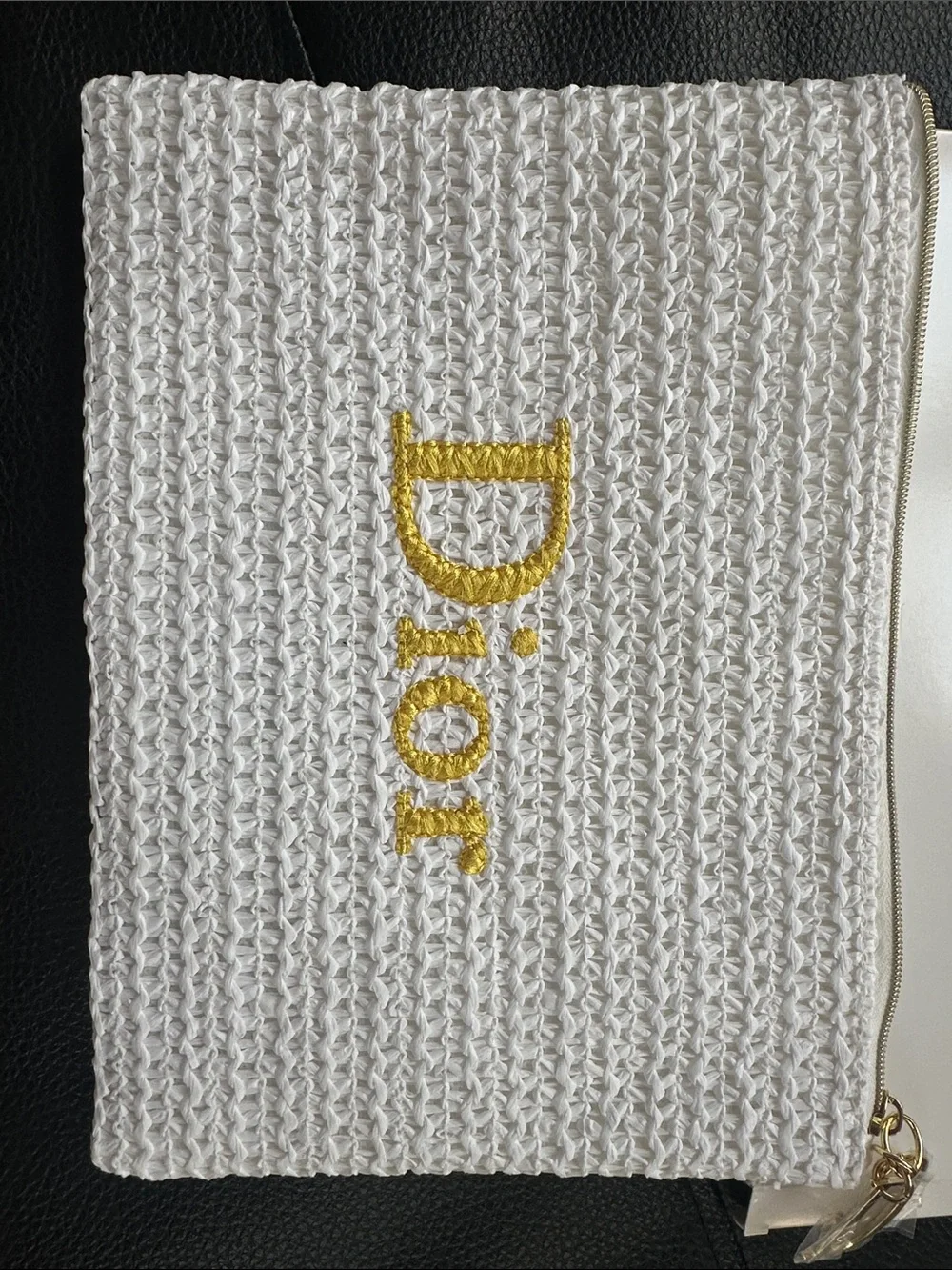 Dior White Crochet Summer Pouch with Gold Embroidered Logo